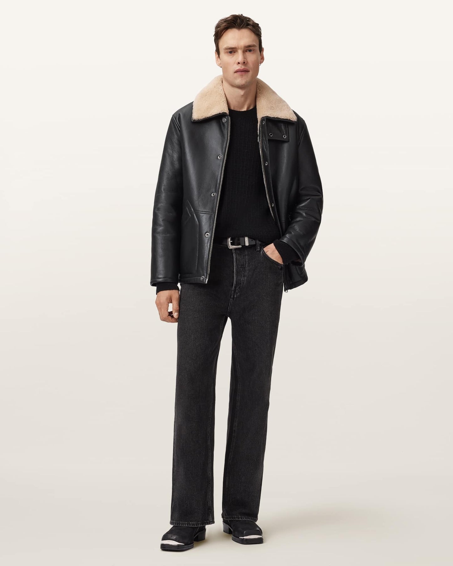 Men's Sheepskin Fur Black Leather Jackets
