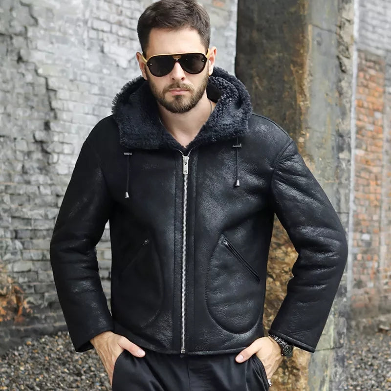 Men's Sheepskin Hooded Black Leather Jacket