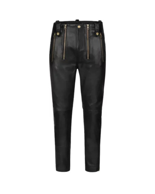 Men's Skinny Black Leather Pant With Golden Zip