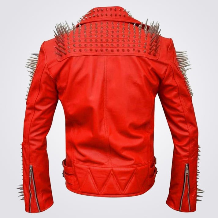 Men's Spiked Punk Leather Jacket In Red - Arcane Fox