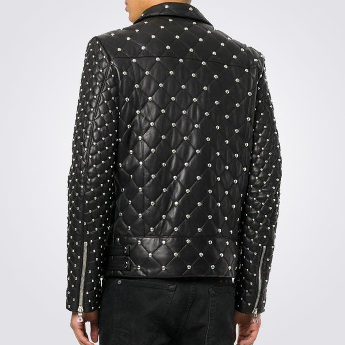 Men's Studded Quilted Black Leather Jacket