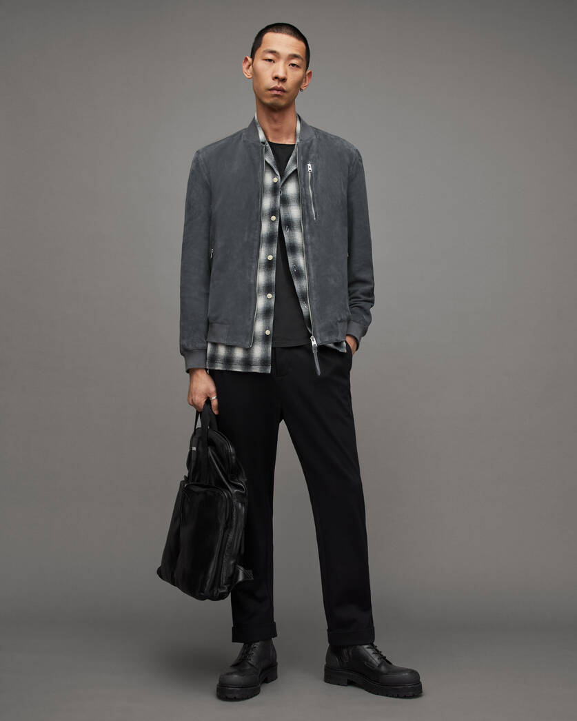 Men's Suede Leather Bomber Jacket In Dark Gray