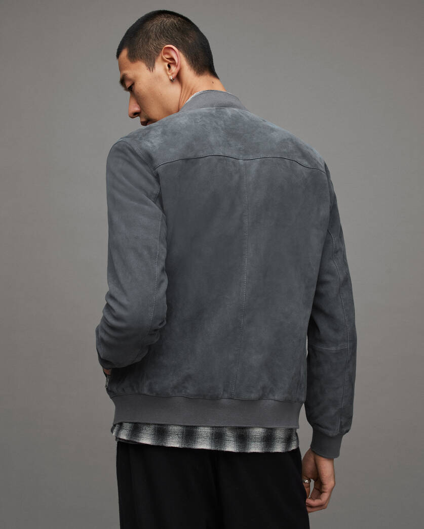 Men's Suede Leather Bomber Jacket In Dark Gray