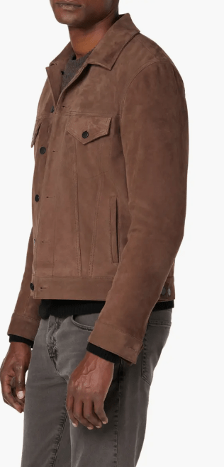 Men's Suede Leather Trucker Jacket In Tan Beige
