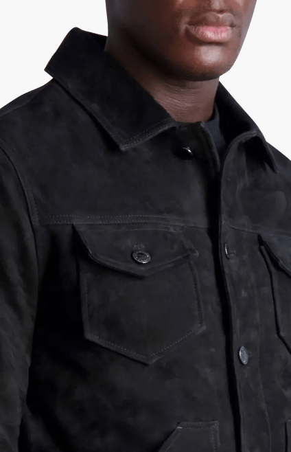 Men's Suede Leather Trucker Jacket In Black
