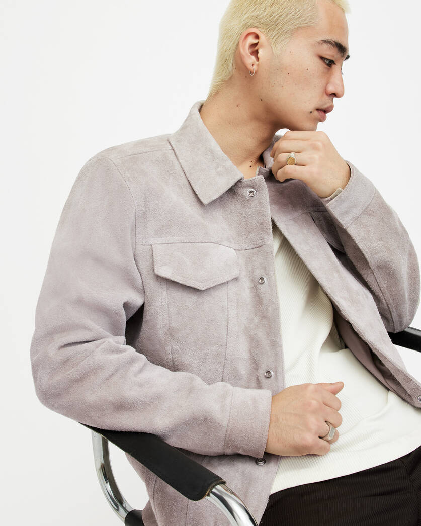 Men's Suede Leather Trucker Jacket In White Gray