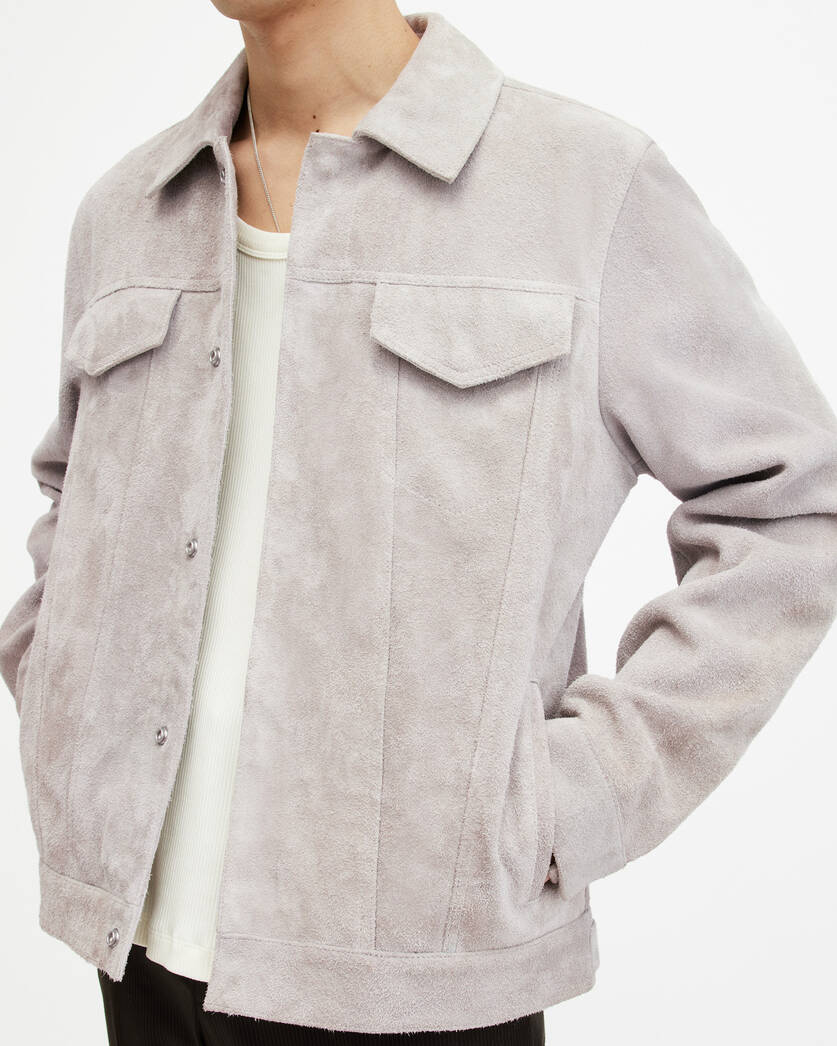 Men's Suede Leather Trucker Jacket In White Gray