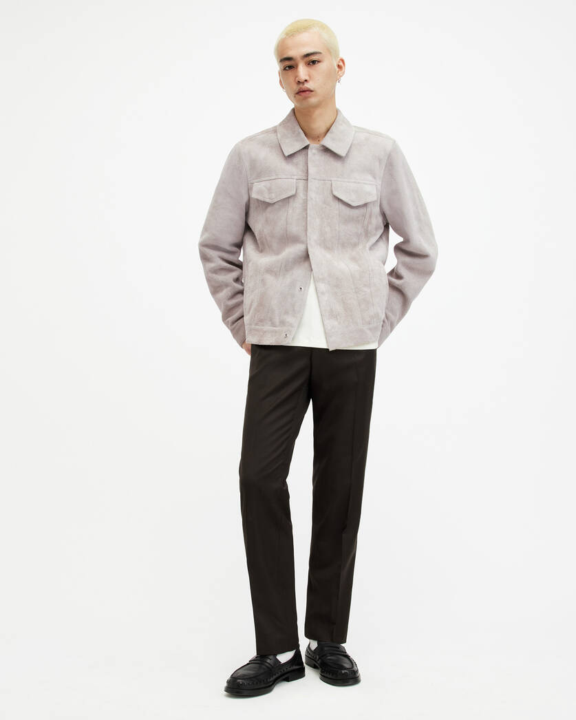 Men's Suede Leather Trucker Jacket In White Gray