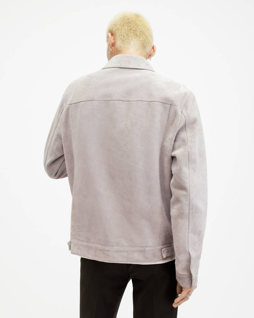 Men's Suede Leather Trucker Jacket In White Gray