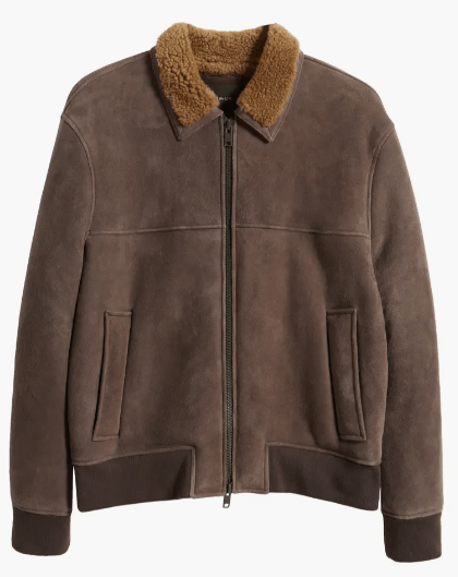 Men's Suede Shearling Leather Jacket In Beige
