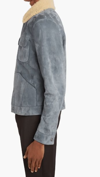 Men's Suede Trucker Shearling Leather Jacket In Sky Blue