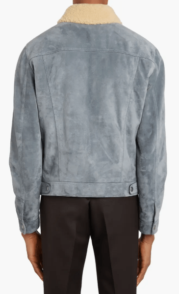 Men's Suede Trucker Shearling Leather Jacket In Sky Blue