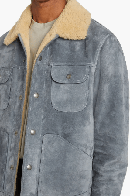Men's Suede Trucker Shearling Leather Jacket In Sky Blue