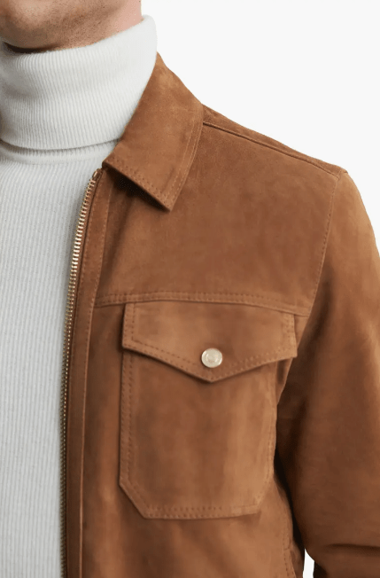 Men's Trucker Suede Leather Jacket In Dark Brown