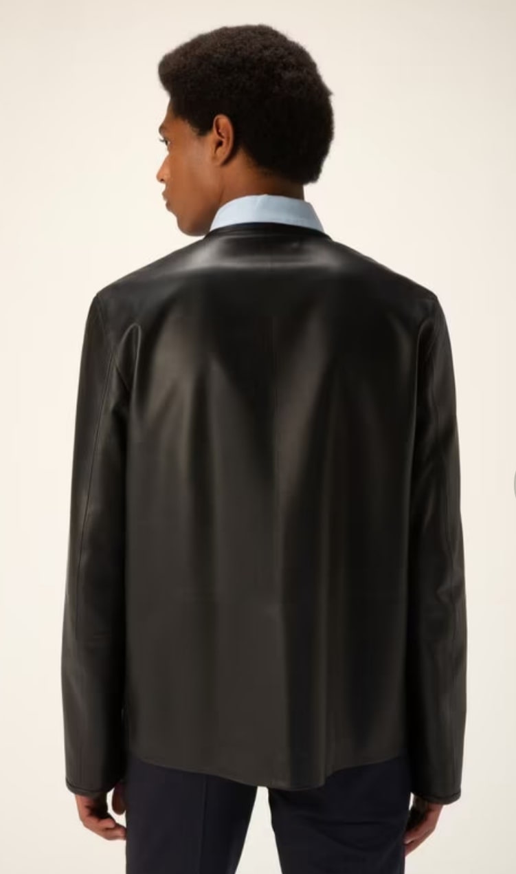 Men's V-Neck Cowhide Leather Shirt In Black