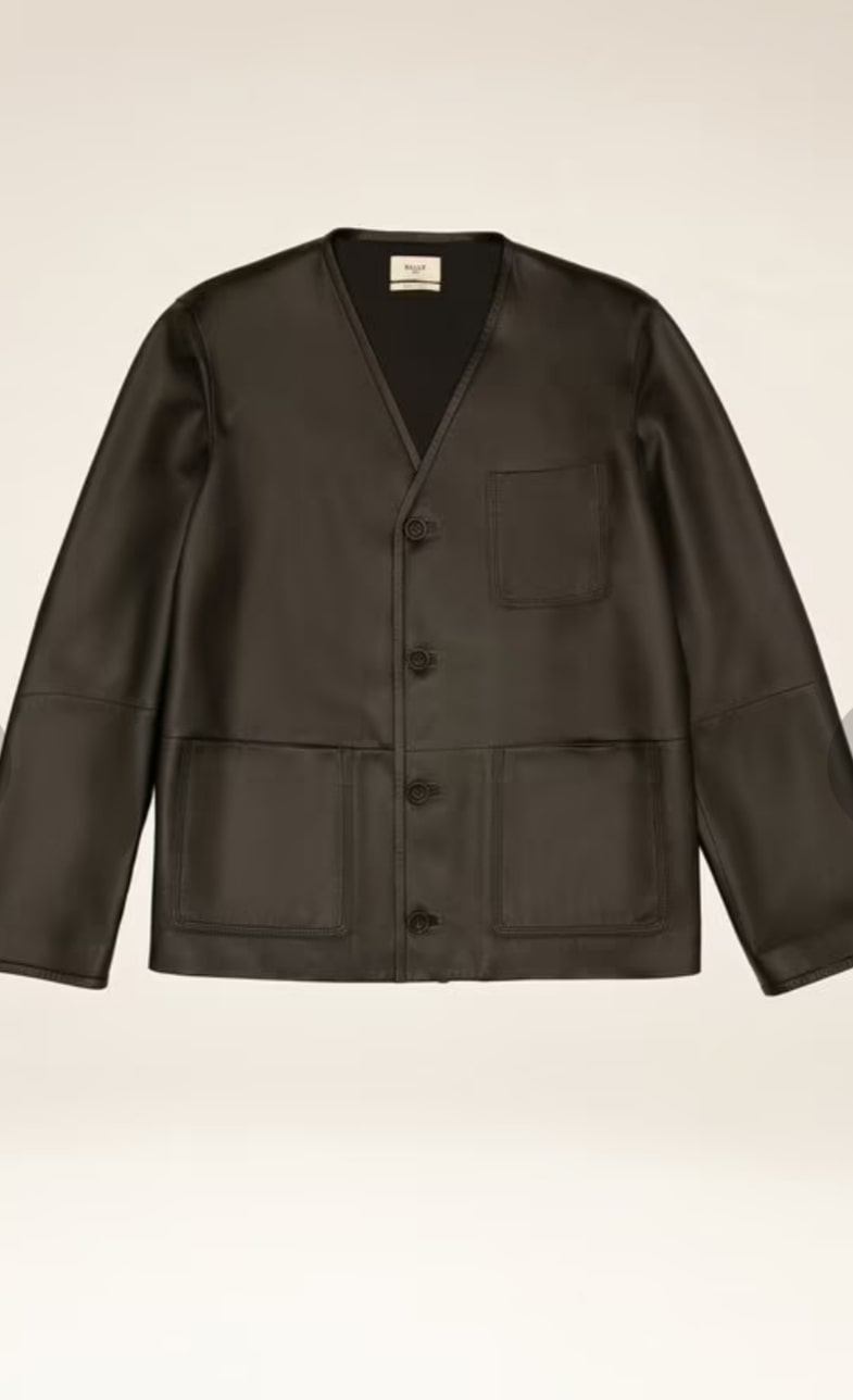 Men's V-Neck Cowhide Leather Shirt In Black