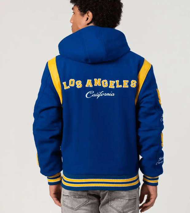 Men's Varsity Bomber Leather Jacket In Blue With Hood