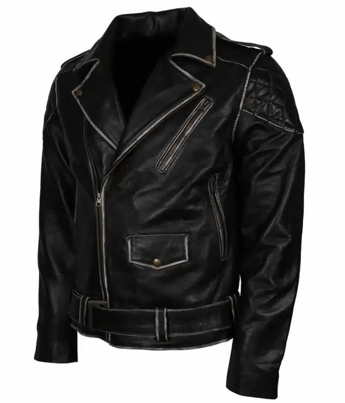 Men's Vintage Biker Leather Jacket In Black