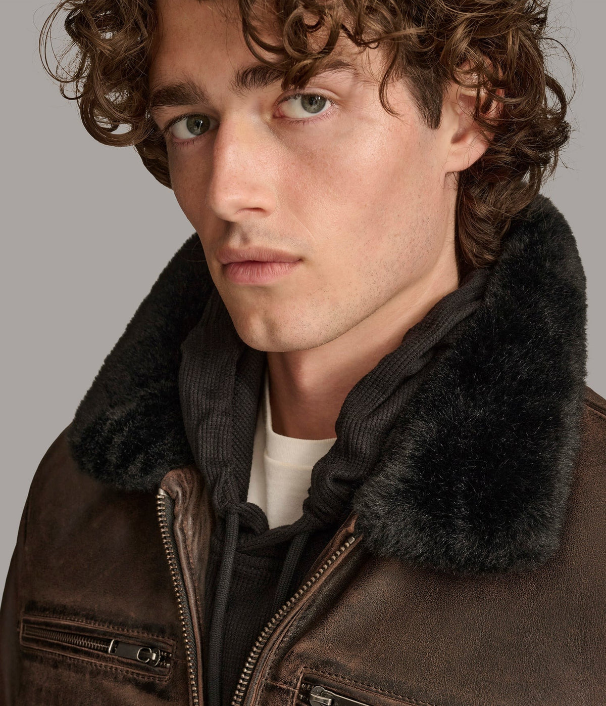 Men' Dark Brown Shearling Harrington Leather Jacket