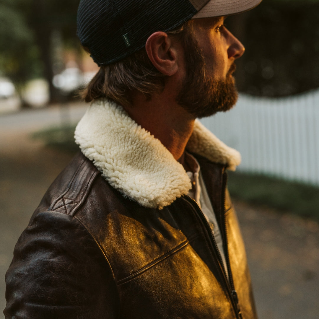 Men's Distressed Shearling Bomber Leather Jacket In Dark Brown