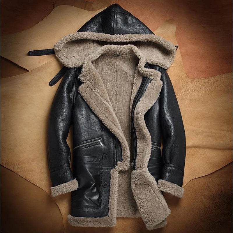 Men's B7 Gray Fur Shearling Leather Coat In Black With Removable Hood