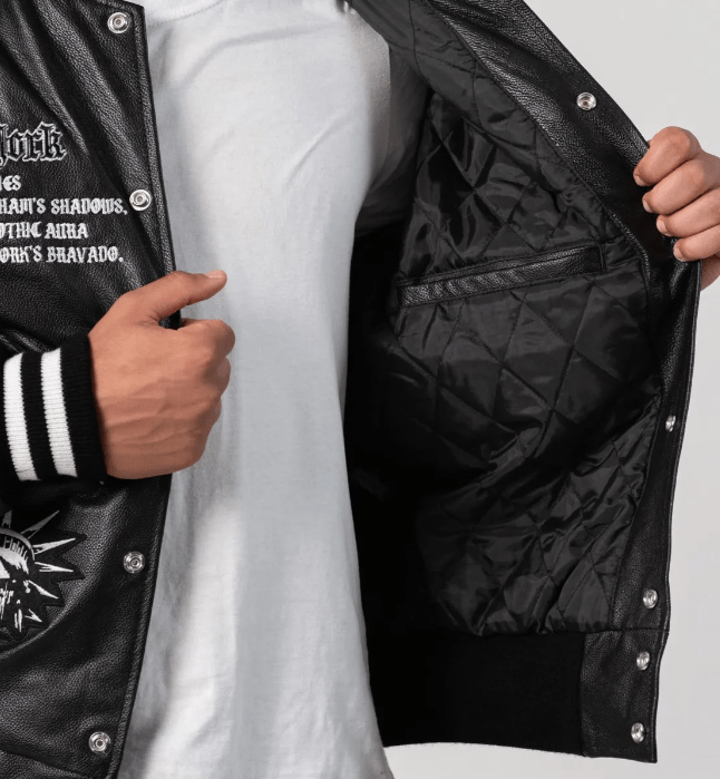 Men's Letterman Bomber Leather Jacket In Black