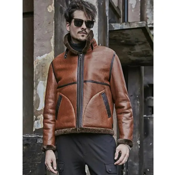 Arcane Fox - Men's Shearling B3 Bomber Leather Jacket In Dark Brown