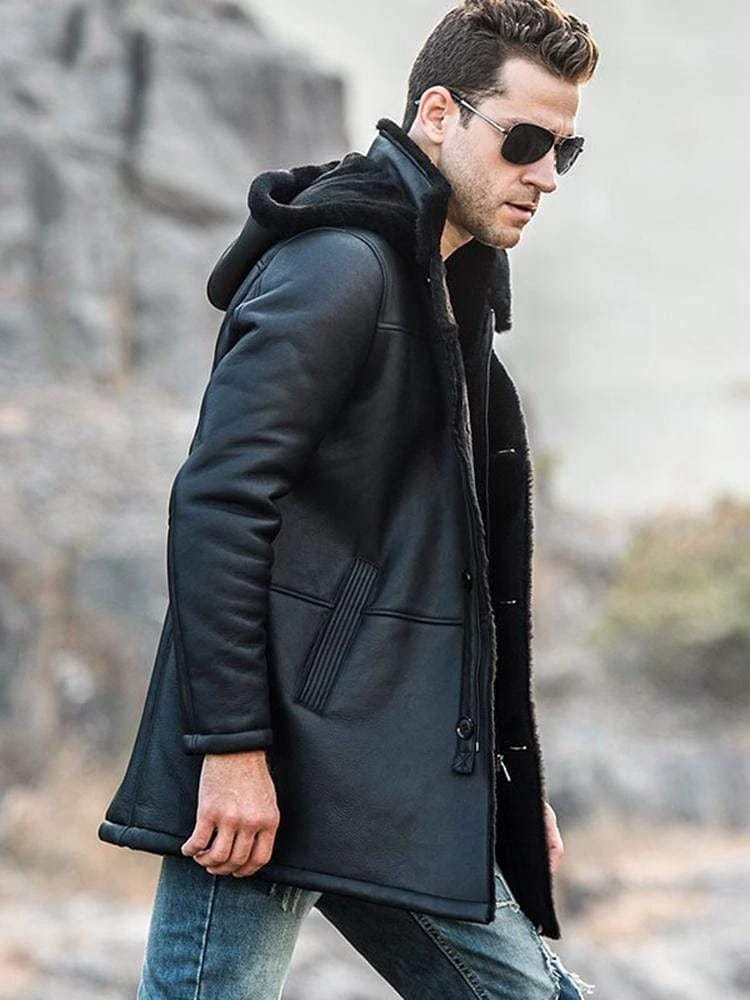 Men's Sheepskin Fur Leather Coat In Black With Hood
