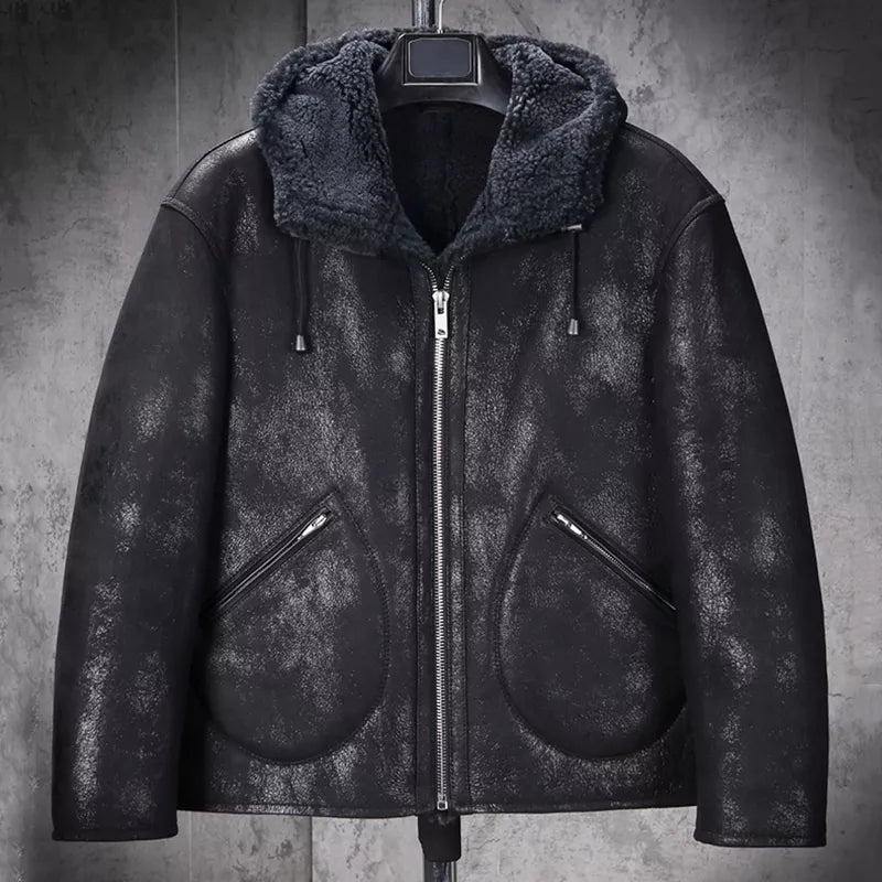 Men's Sheepskin Hooded Black Leather Jacket