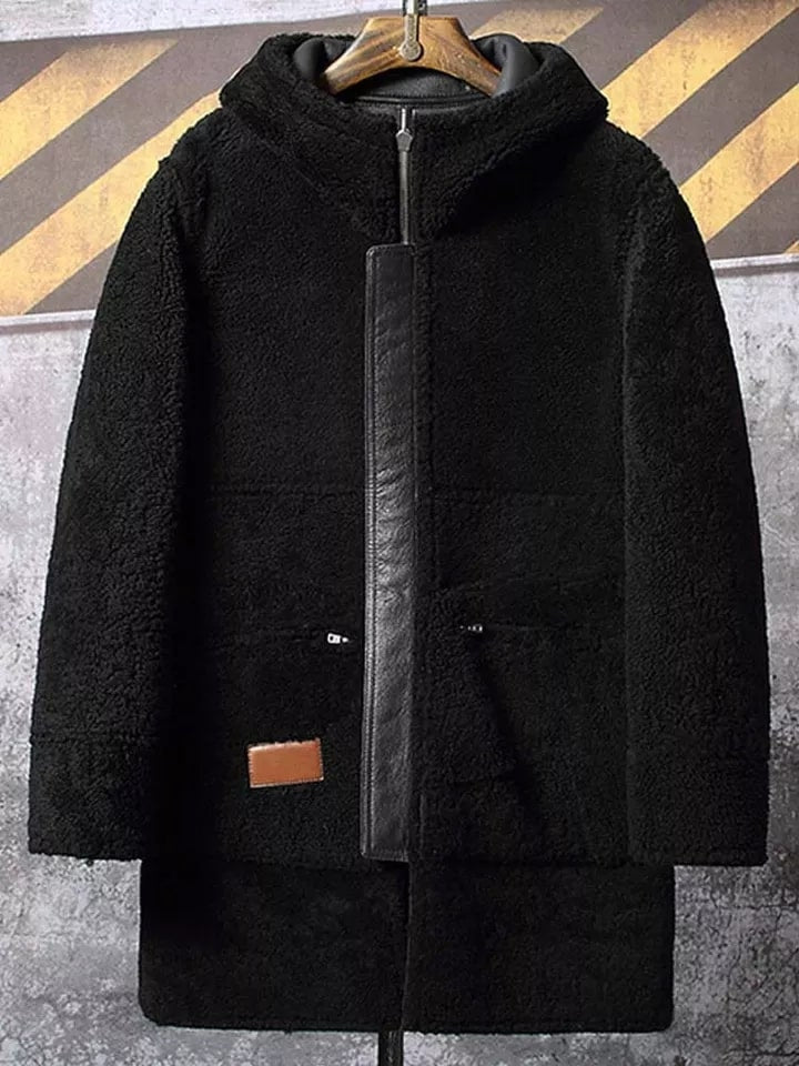 Men's Shearling Leather Coat In Black With Hood