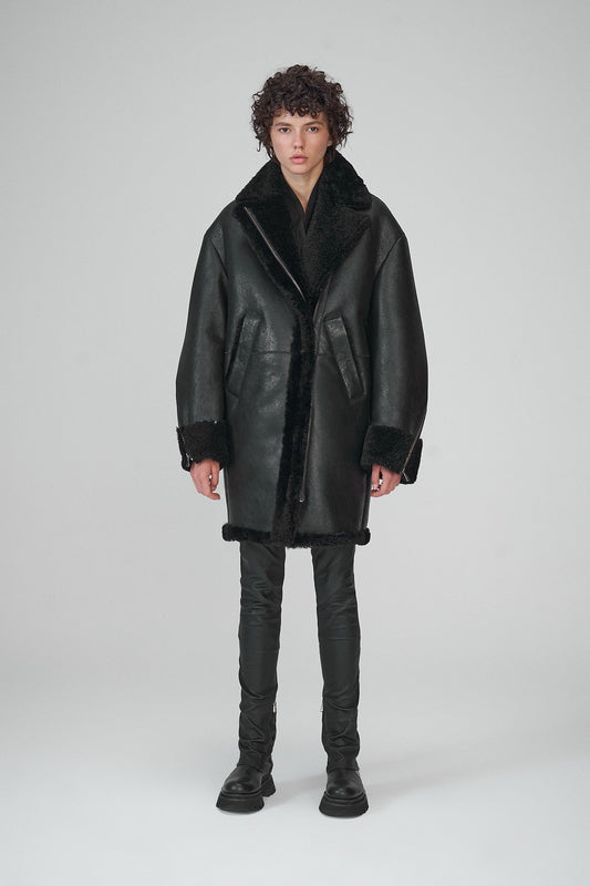 Women's B7 Shearling Fur Leather Coat In Black