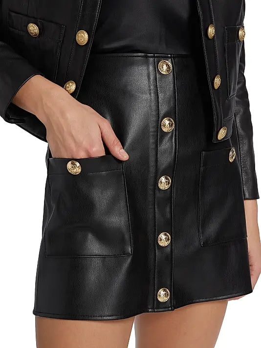 Women's Black Mini Leather Skirt With Buttons
