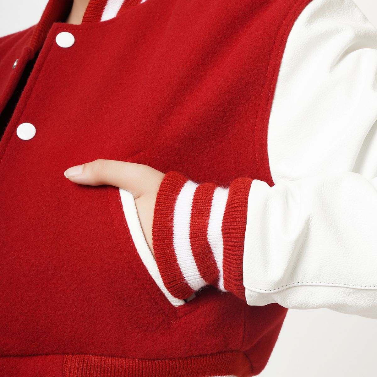 Women's Cropped Varsity Leather Jacket In Red & White Sleeves