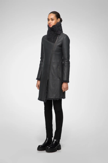 Women's Fur Shearling Leather Coat In Matte Black Arcane Fox
