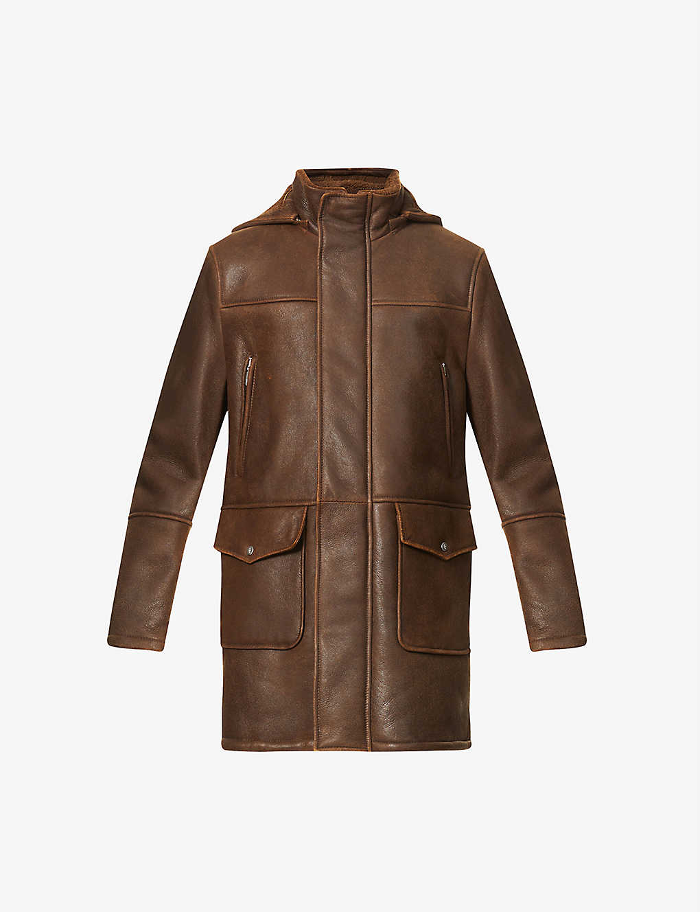Men's Fur Sheepskin Leather Coat In Dark Brown With Removable Hood
