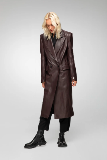 Women's Leather Trench Coat In Coffee Brown