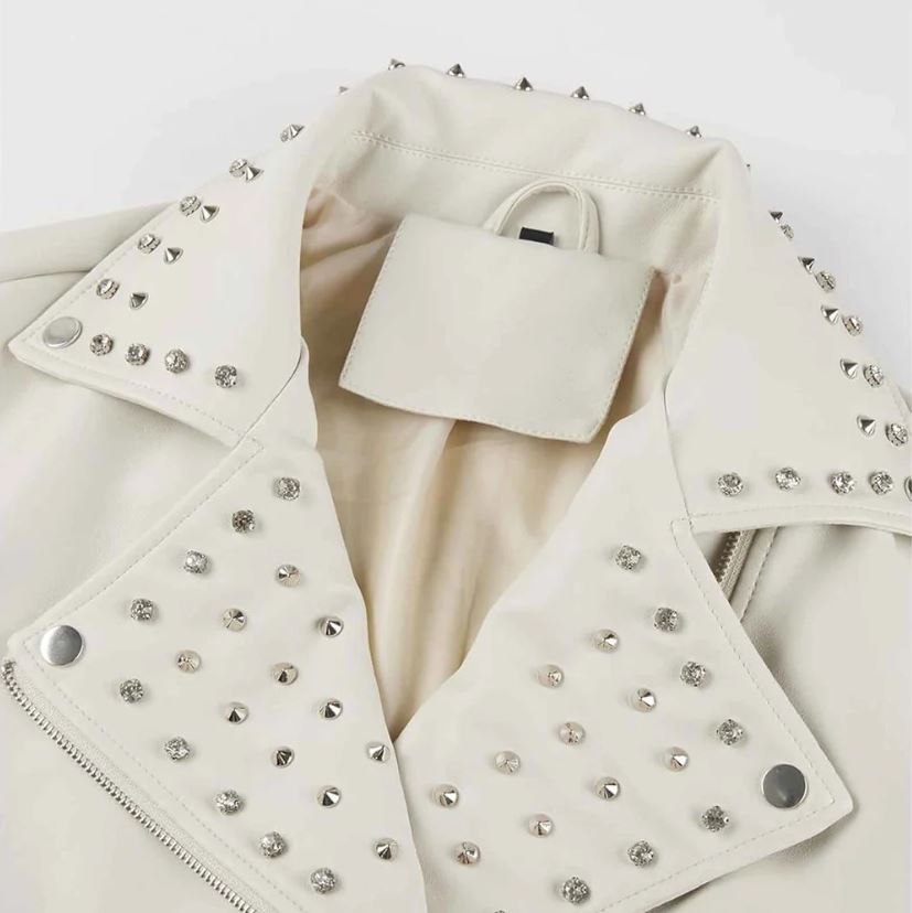 Women's Off White Belted Studded Leather Jacket