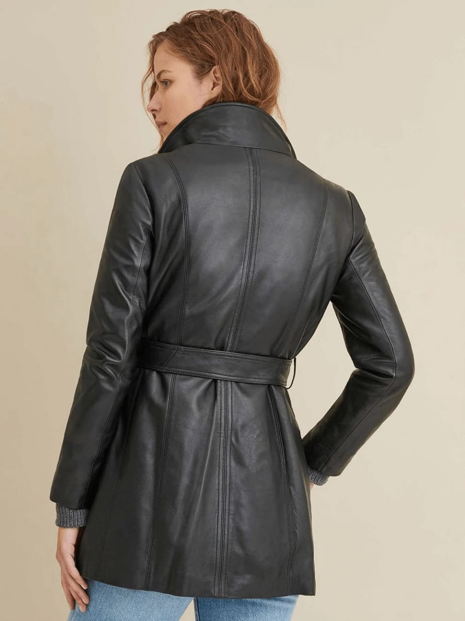 Women's Plain Leather Coat In Black