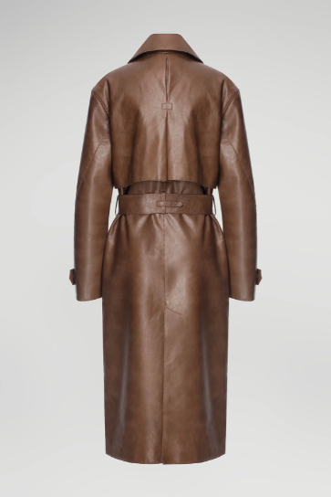 Women's Trench Leather Coat In Dark Brown With Belted Waist