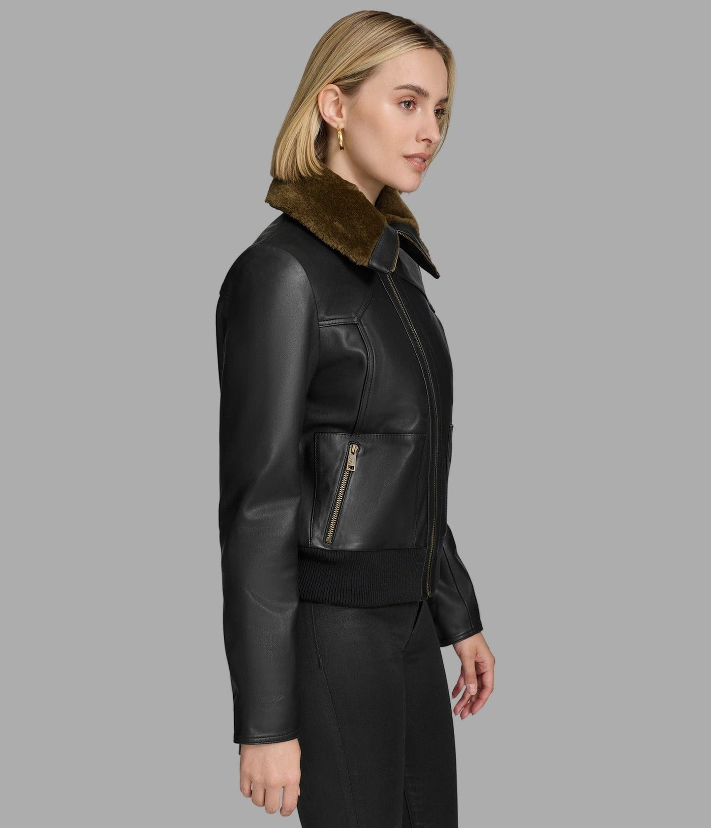 Women's Black Shearling Leather Jacket With Turn Down Collar