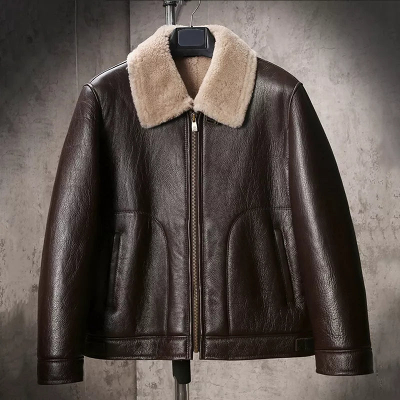 Men's Aviator Sheepskin Coffee Brown Leather Jacket