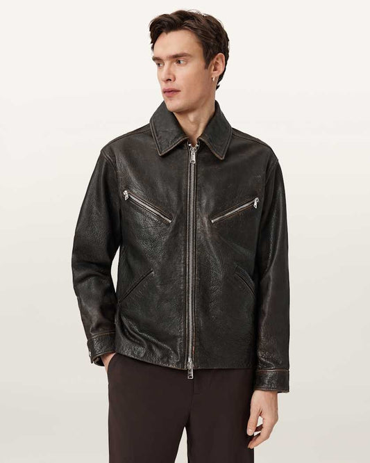 Men's Black Motorcycle Distressed Leather Jacket