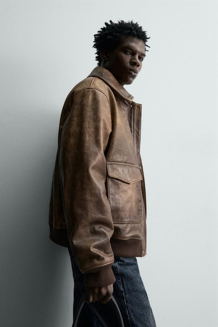Men's Brown Bomber Distressed Leather Jacket