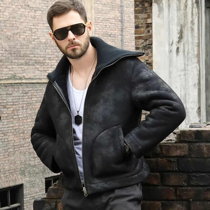 Men's Oversized Collar Shearling Black Leather Jacket