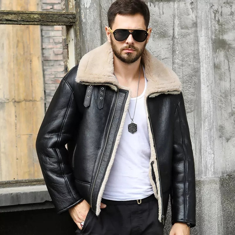 Men's Shearling Black leather jacket With Oversized Collar