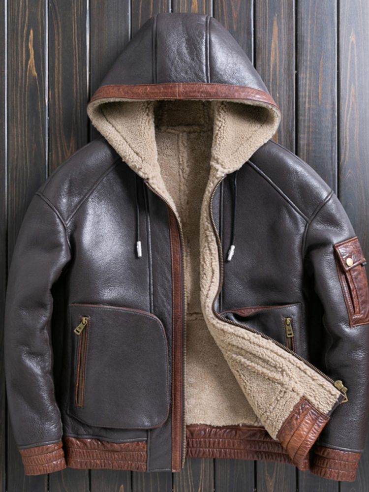 Men's Shearling Hooded Leather Jacket In Black
