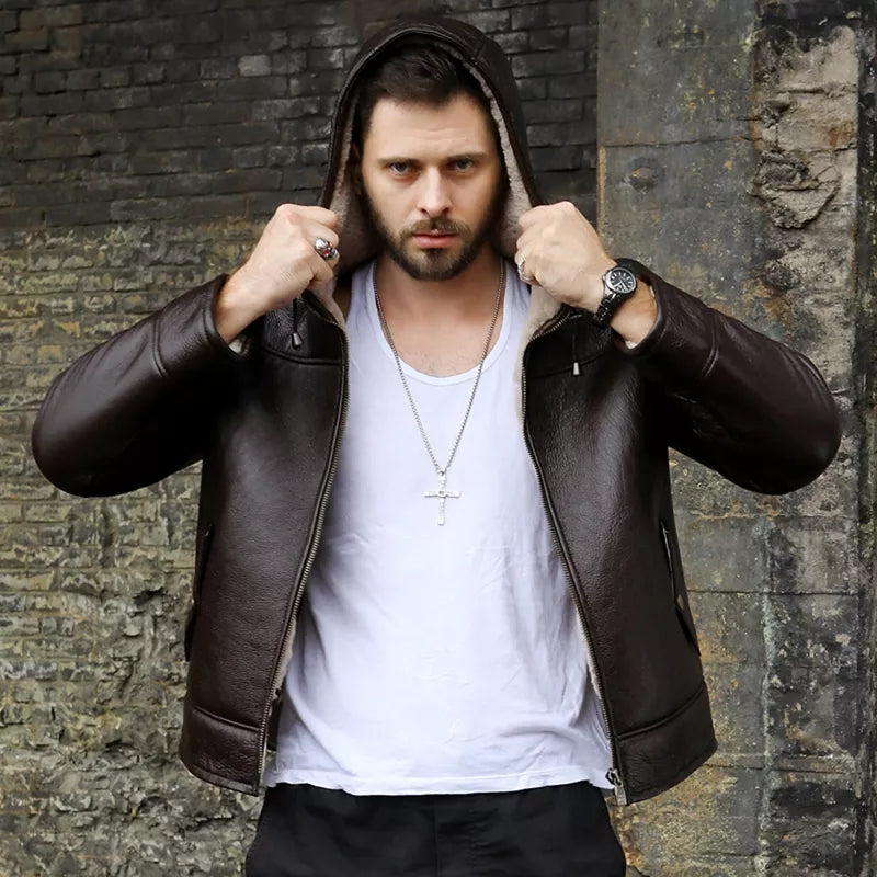 Men's Shearling Hooded Leather Jacket In Coffee Brown