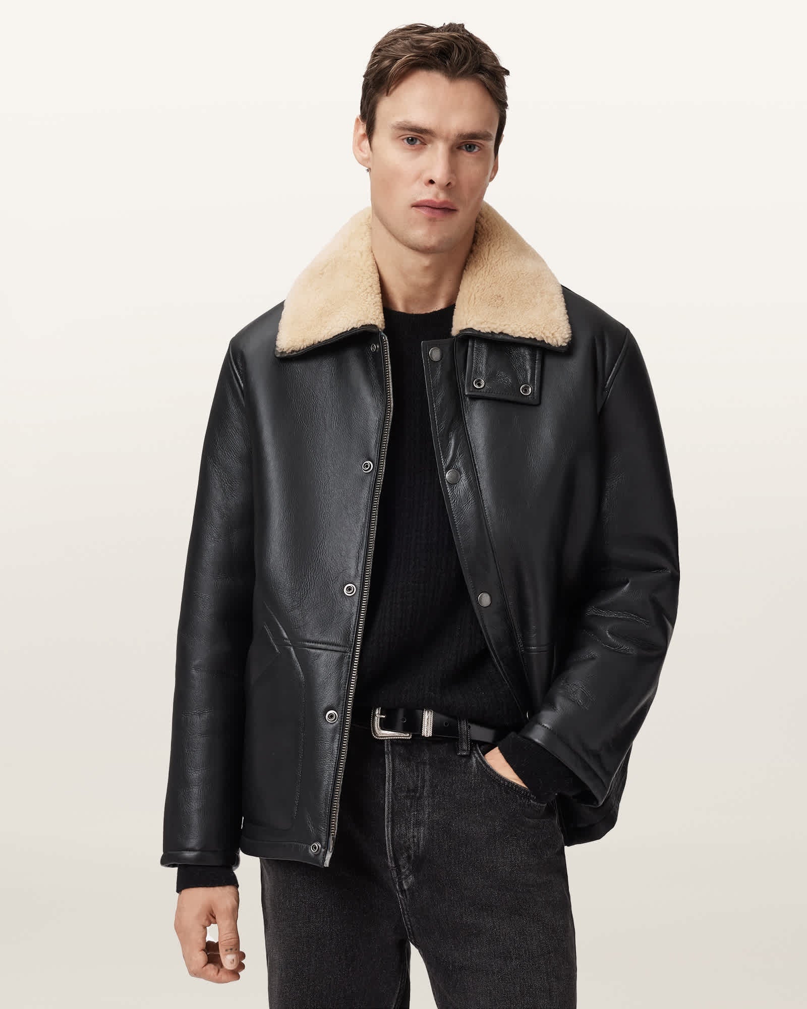 Men's Sheepskin Fur Black Leather Jackets
