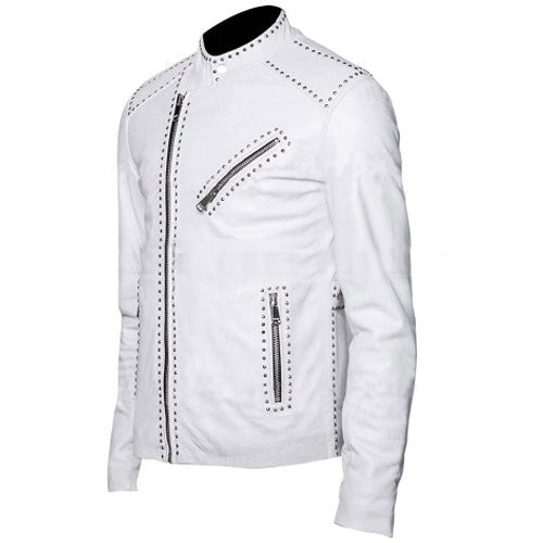 Arcane Fox - Men's Studded Motorcycle Leather Jacket In White