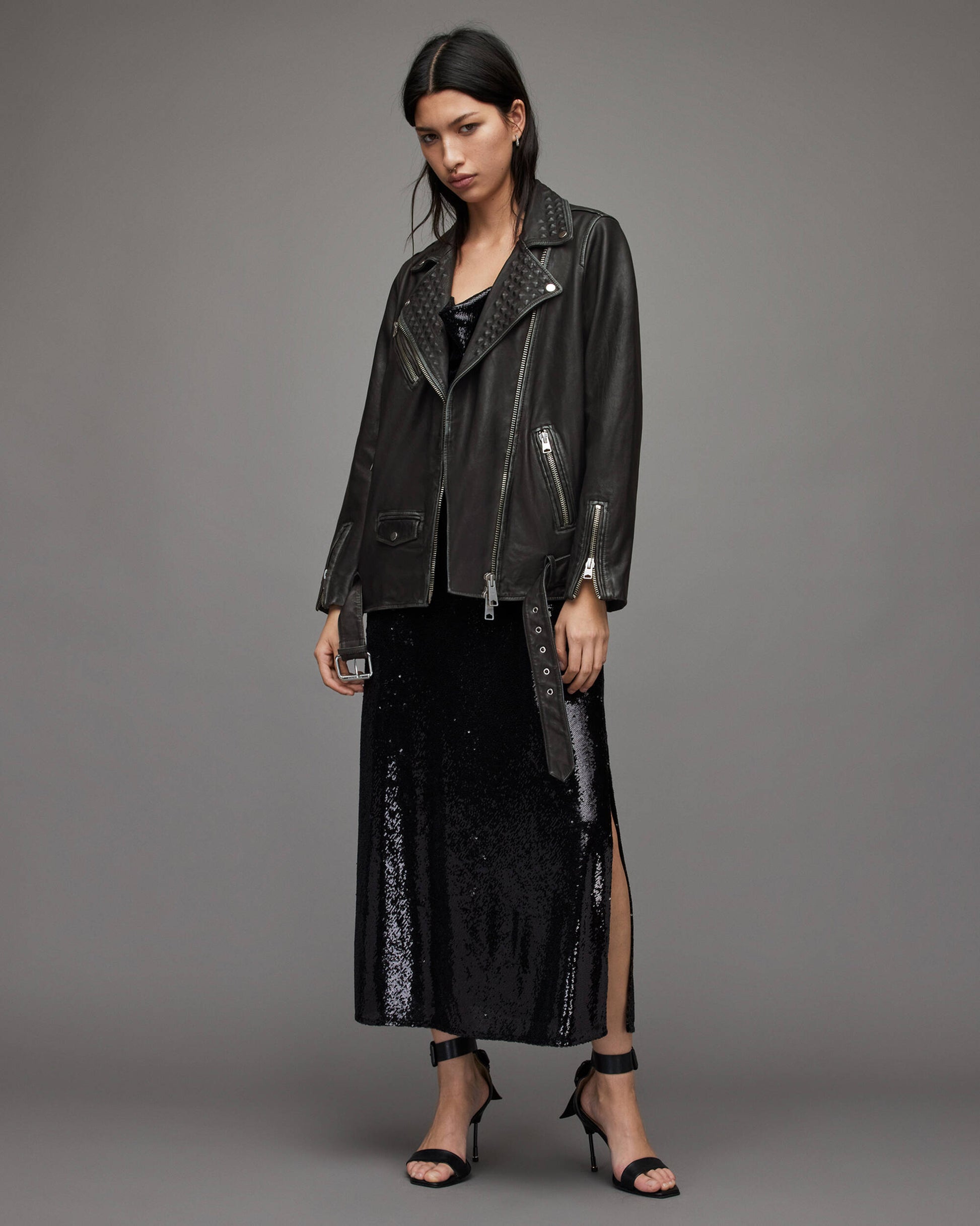 Arcane Fox - Women's Punk Biker Leather Jacket In Black With Belt